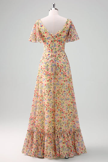 Vestido de fiesta largo de manga corta con escote en V con estampado de flores amarillas